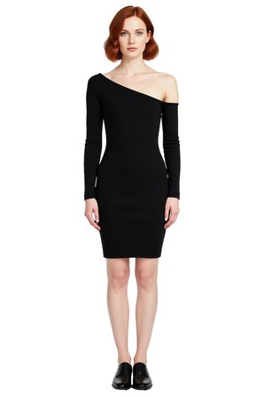 Kadın Bodycon Asimetrik Yaka Uzun Kollu Fitilli Örme Mini Elbise Gündüz Gece Davet Stili Kaliteli