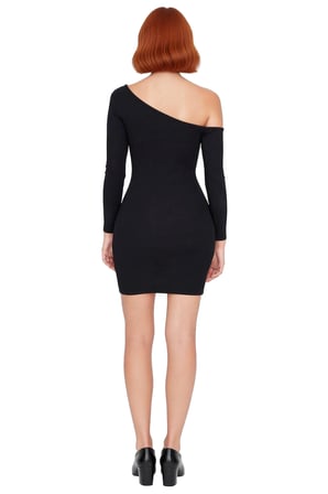 Kadın Bodycon Asimetrik Yaka Uzun Kollu Fitilli Örme Mini Elbise Gündüz Gece Davet Stili Kaliteli