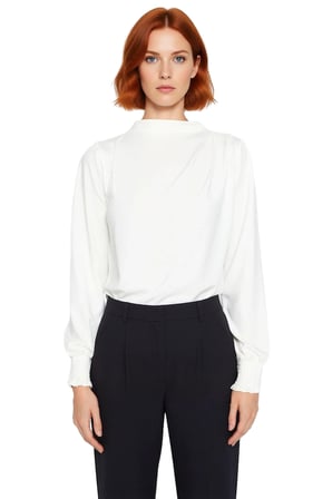 Kadın Ekru Dik Yaka Regular Fit Esnek Örme Bluz Gipe Kol Detaylı Smart Business Tarzı Klasik Kışlık