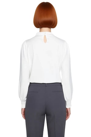 Kadın Ekru Dik Yaka Regular Fit Esnek Örme Bluz Gipe Kol Detaylı Smart Business Tarzı Klasik Kışlık