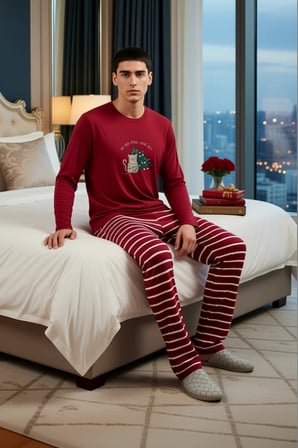 Erkek Yılbaşı Temalı Bisiklet Yaka Pijama Takımı Fonksiyonel Dayanıklı Kaliteli Konforlu Şık