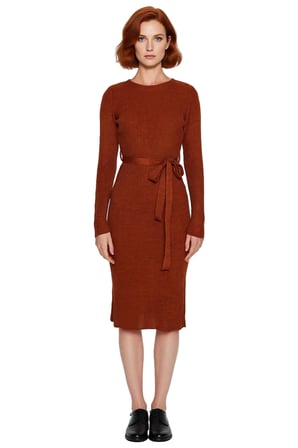 Kadın Kuşaklı Bodycon Triko Midi Elbise Bisiklet Yaka Uzun Standart Kollu Şık İlkbahar Sonbahar