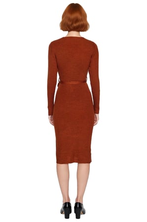 Kadın Kuşaklı Bodycon Triko Midi Elbise Bisiklet Yaka Uzun Standart Kollu Şık İlkbahar Sonbahar