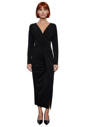 Kadın Uzun Kollu Kruvaze Yaka Bodycon Drape Detaylı Örme Sandy Dokuma Maxi Abiye Elbise Kaliteli