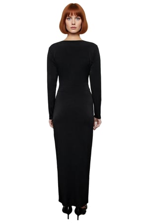 Kadın Uzun Kollu Kruvaze Yaka Bodycon Drape Detaylı Örme Sandy Dokuma Maxi Abiye Elbise Kaliteli