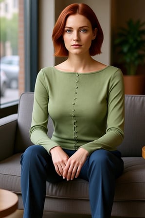 Kadın Fitted Bisiklet Yaka Uzun Kollu Düğmeli Haki Renk Esnek Dokuma Bluz Günlük Kış Modası İçin