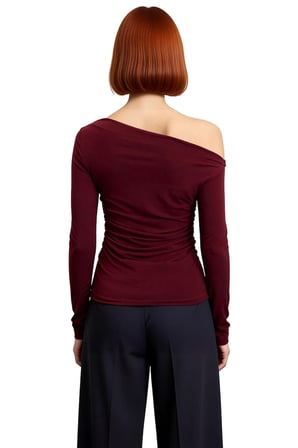 Kadın Bordo Asimetrik Yaka Büzgü Detaylı Fitted Uzun Kollu Esnek Örme Bluz Günlük Kullanım İçin