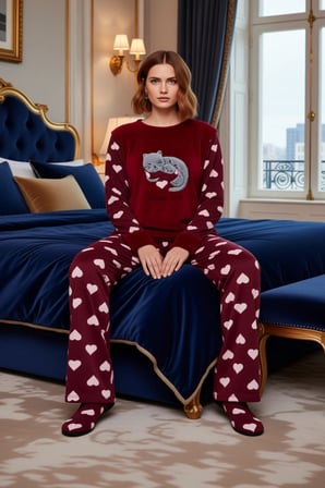 Kadin Kirmizi Kalp Desenli Polar Pijama Takımı Ve Uyku Bandi Fonksiyonel Dayanıklı Estetik