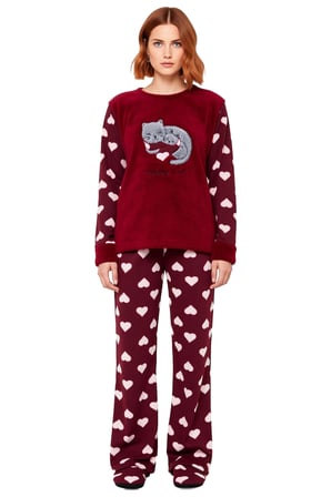 Kadin Kirmizi Kalp Desenli Polar Pijama Takımı Ve Uyku Bandi Fonksiyonel Dayanıklı Estetik