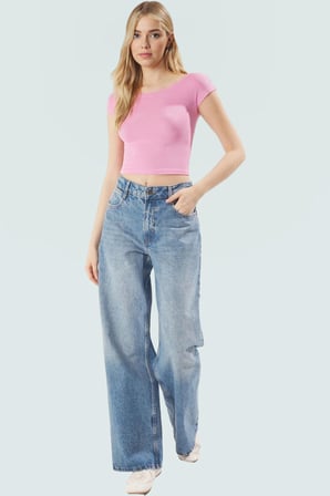 Bisiklet Yaka Fitted Crop Örme Bluz Viskon Ribana Yazlık Profesyonel Görünüm Özel Tasarım