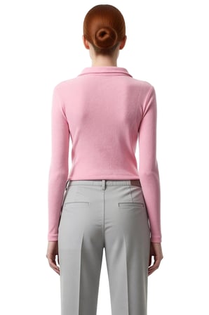 Kadın Fitted Polo Yaka Gömlek Yaka Düğme Detaylı Bluz Uzun Kollu Vücuda Oturan Esnek Örme Kışlık