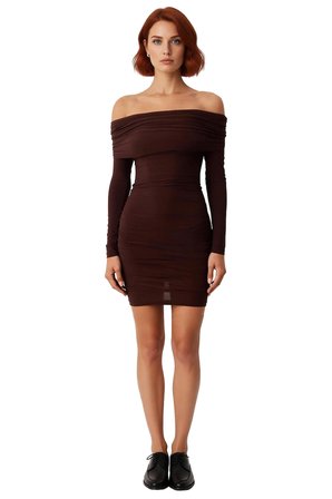 Kadınlara Özel Bodycon Midi Elbise Düz Uzun Düşük Kol Carmen Yaka Sandy Dokuma Şık Giyim Kaliteli