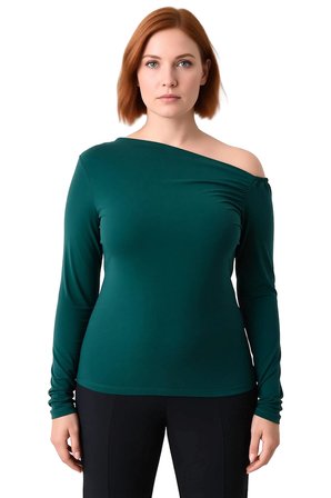 Kadın Asimetrik Yaka Büzgülü Sandy Dokuma Polyester Bluz Günlük Kullanıma Uygun Uzun Kollu