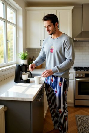 Erkek Ayıcıklı Bisiklet Yaka Uzun Kollu Pijama Takımı Fonksiyonel Dayanıklı Kaliteli Rahat