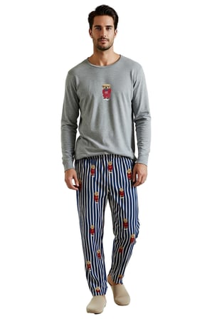 Erkek Ayıcıklı Bisiklet Yaka Uzun Kollu Pijama Takımı Fonksiyonel Dayanıklı Kaliteli Rahat