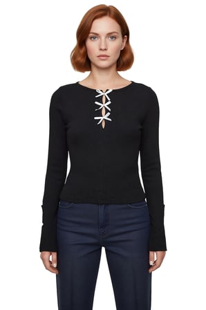 Kadın Fiyonk ve Cut Out Detaylı Bisiklet Yaka Slim Vücuda Oturan Örme Bluz Günlük Kullanım
