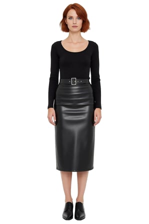 Kadın Siyah Suni Deri Bodycon Midi Elbise Kemerli Uzun Kollu Bisiklet Yaka Şık Tasarım Kaliteli