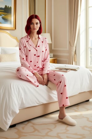 Kadin Kirmizi Kalp Desenli Gömlek Yaka Pijama Takımı Fonksiyonel Dayanıklı Kaliteli Modern