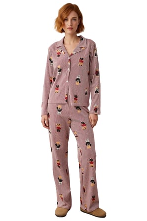 Kadın Ayıcık Desenli Gömlek Yaka Pijama Takımı Fonksiyonel Dayanıklı Kaliteli Konforlu Şık