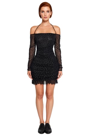 Kadın Puantiyeli Tül Bodycon Mini Elbise Carmen Yaka Uzun Kollu Drapeli Şık Gece Davetleri İçin