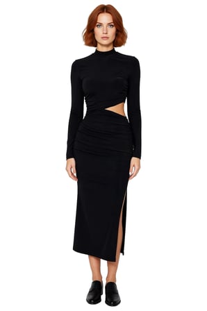 Kadın Siyah Dik Yaka Uzun Kollu Bodycon Cut Outlı Midi Boy Şık Gece Mezuniyet Abiye Elbise
