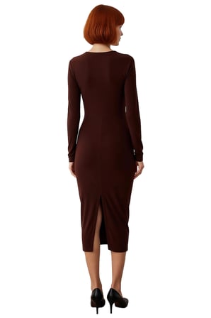 Kadın Kahverengi Bodycon Midi Elbise Aksesuar Detaylı Uzun Kollu Sandy Örme Kokteyl Şıklığı