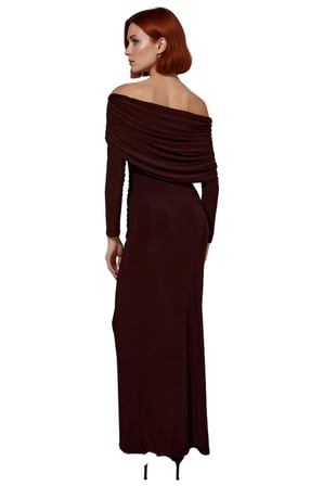Kadın Bodycon Kahverengi Uzun Kol Carmen Yaka Maxi Elbise Şık Akşam Davetleri İçin İdeal Kaliteli