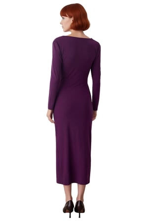 Kadın Bodycon Degaje Yaka Büzgülü Maxi Elbise Kalın Sandy Dokuma Uzun Kollu Şık Kış Stili Kaliteli