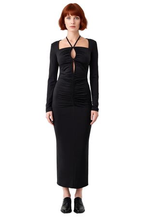 Kadın Bodycon Kesim Uzun Kollu Maxi Abiye Elbise Bağlama Detaylı Kare Yaka İle Şıklık Sunar