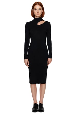 Kadın Bodycon Kesim Midi Uzun Kollu Triko Elbise Dik Yaka Cut Out Detaylı Şık Fitilli Tasarım