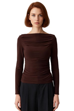Kadın Bordo Kayık Yaka Drapeli Fitted Esnek Örme Uzun Kollu Bluz Smart Casual Günlük ve Gece