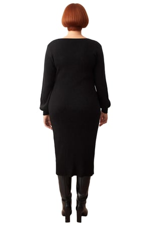 Kadın Fitilli Bodycon Midi Triko Elbise Uzun Kollu Kare Yaka Düğme Detaylı Yırtmaçlı Kaliteli