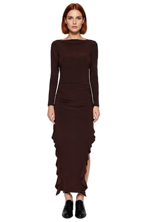 Kadın Bodycon Kayık Yaka Eteği Fırfırlı Uzun Kollu Maxi Boy Örme Elbise Şık Ve Zarif Görünüm