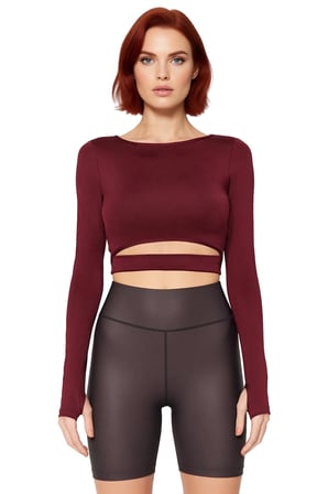 Kadın Bordo Crop Uzun Kollu Bisiklet Yaka Spor Bluz Pencere Detaylı ve Baş Parmak Delikli Kaliteli