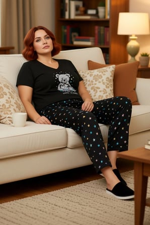 Kadın Ayıcık Yıldız Desenli V Yaka Pijama Takımı Fonksiyonel Dayanıklı Kaliteli Konforlu Şık
