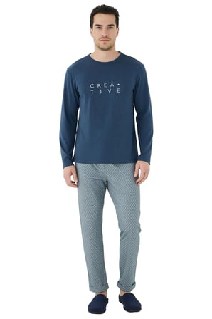 Erkek Geometrik Desenli Bisiklet Yaka Pijama Takımı Fonksiyonel Dayanıklı Kaliteli Estetik
