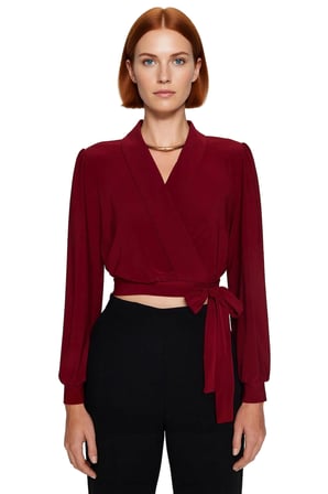 Kadın Kruvaze V Yaka Uzun Kollu Crop Bluz Esnek Örme Kumaştan Smart Kesim İlkbahar Sonbahar