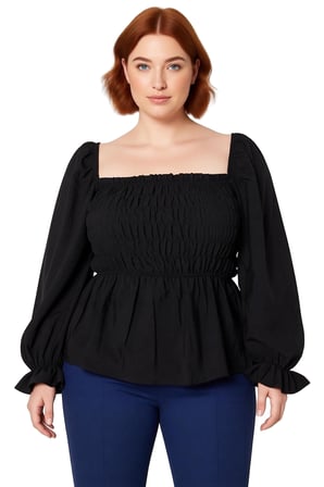 Kadın Lacivert Kare Yaka Büzgülü Kol Gipeli Dokuma Bluz A line Siluet Crop Boy Feminine Tarz