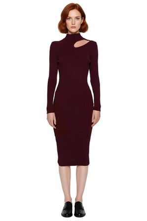 Kadın Bodycon Kesim Midi Uzun Kollu Triko Elbise Dik Yaka Cut Out Detaylı Şık Fitilli Tasarım