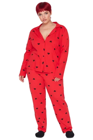 Kadin Kirmizi Kalp Desenli Gömlek Yaka Pijama Takımı Fonksiyonel Dayanıklı Kaliteli Modern