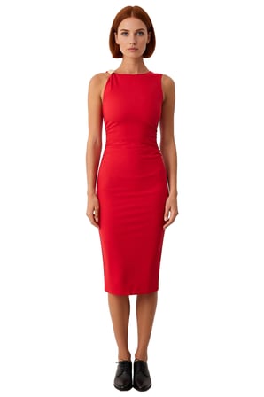Kadınlar İçin Şık Ve Modern Bodycon Midi Elbise Asimetrik Yaka Detaylı Kolsuz Tasarım Kaliteli