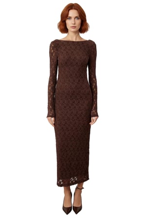 Kadın Feminine Bodycon Kayık Yaka Maxi Uzun Kol Astarlı Dantel Örme Şık Gece Elbisesi Kaliteli