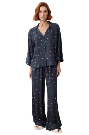 Kadın Viskon Dokuma Baskılı Gömlek Pantolon Pijama Takımı Fonksiyonel Dayanıklı Kaliteli Şık
