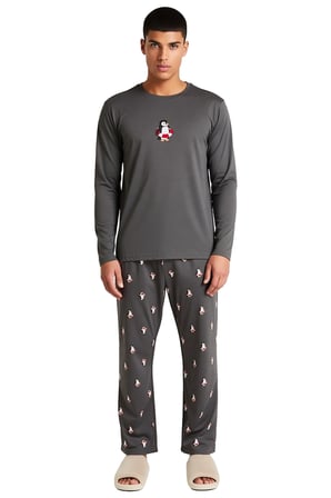 Erkek Penguen Nakışlı Bisiklet Yaka Uzun Kollu Pijama Takımı Fonksiyonel Dayanıklı Estetik