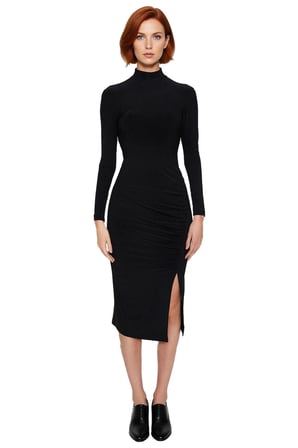 Kadın Dik Yaka Uzun Kol Midi Boy Bodycon Örme Elbise Yırtmaçlı Büzgü Detaylı Şık ve Zarif Kaliteli