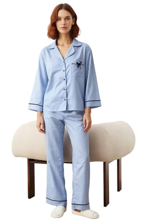 Kadın Çizgili Poplin Pijama Takımı Gömlek Yaka Uzun Kollu Fonksiyonel Dayanıklı Kaliteli Şık