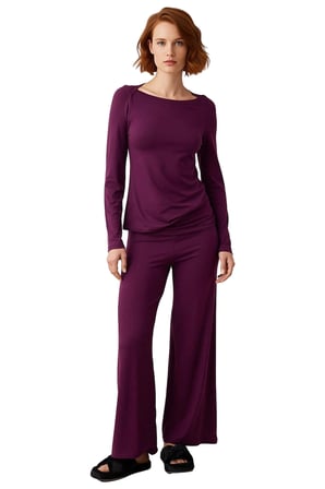Kadın Mürdüm Viskon Süprem Kayık Yaka Uzun Kollu Pijama Takımı Fonksiyonel Dayanıklı Rahat