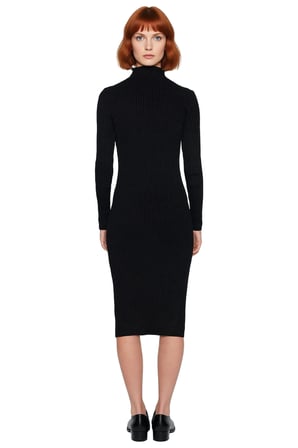 Kadın Bodycon Kesim Midi Uzun Kollu Triko Elbise Dik Yaka Cut Out Detaylı Şık Fitilli Tasarım