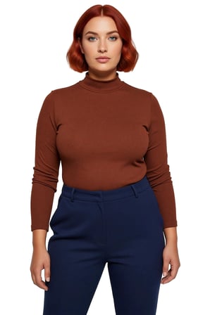 Kadın Kahverengi Dik Yaka Vücuda Oturan Fitilli Örme Bodycone Bluz Büyük Beden Günlük Konforlu
