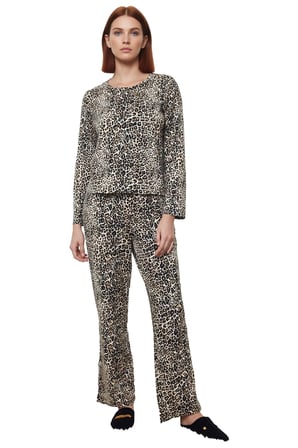 Kadın Şık Leopar Desenli Pamuklu Pijama Takımı Regular Kalıp Geniş Paça Uzun Ömürlü Rahat Kullanım